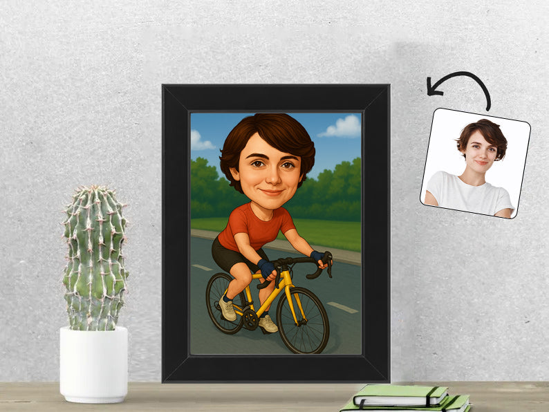 Gepersonaliseerde Wielrenster karikatuur als Fotolijst 13x18 cm. Altijd een glimlach bij je met deze speelse karikatuur. Uniek cadeau voor sportliefhebbers. Bestel eenvoudig online.