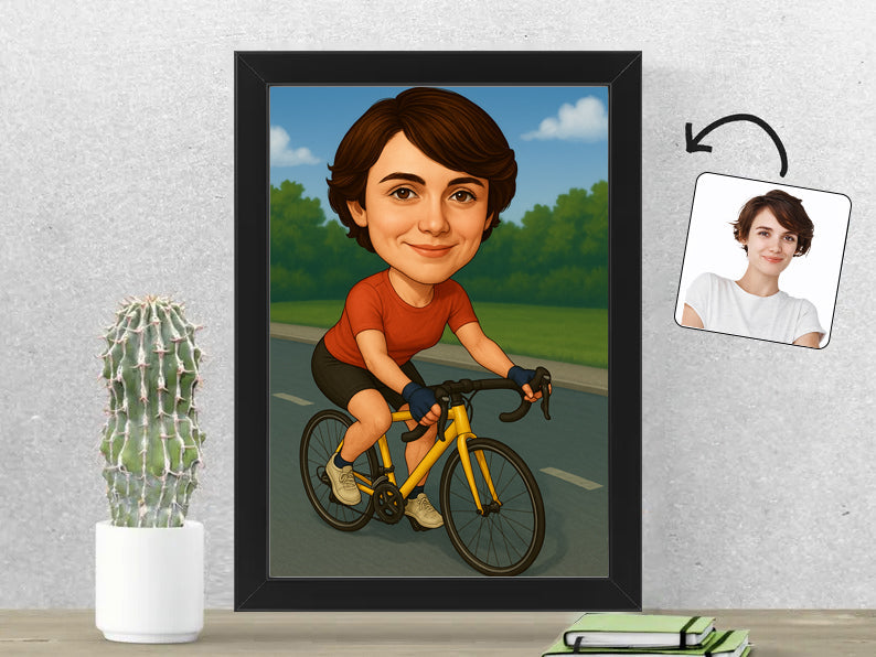 Gepersonaliseerde Wielrenster karikatuur als Fotolijst 21x30 cm. Altijd een glimlach bij je met deze speelse karikatuur. Uniek cadeau voor sportliefhebbers. Bestel eenvoudig online.