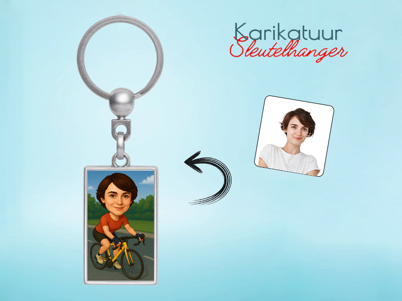 Gepersonaliseerde Wielrenster karikatuur als Sleutelhanger. Altijd een glimlach bij je met deze speelse karikatuur. Uniek cadeau voor sportliefhebbers. Bestel eenvoudig online.