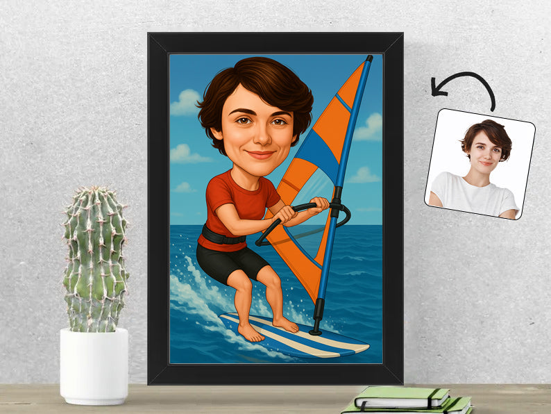 Gepersonaliseerde Windsurfster karikatuur als Fotolijst 21x30 cm. Altijd een glimlach bij je met deze speelse karikatuur. Uniek cadeau voor sportliefhebbers. Bestel eenvoudig online.