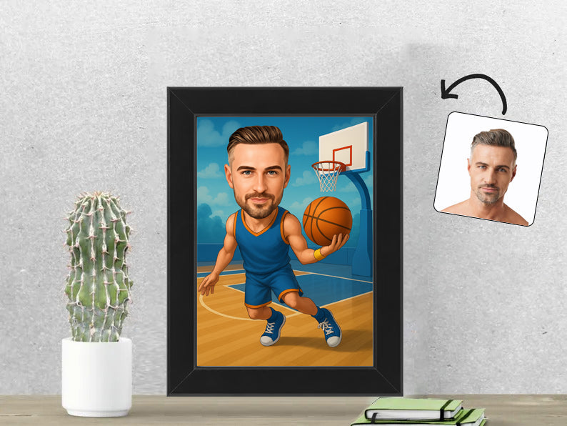 Gepersonaliseerde Basketballer karikatuur als Fotolijst 13x18 cm. Altijd een glimlach bij je met deze speelse karikatuur. Uniek cadeau voor sportliefhebbers. Bestel eenvoudig online.