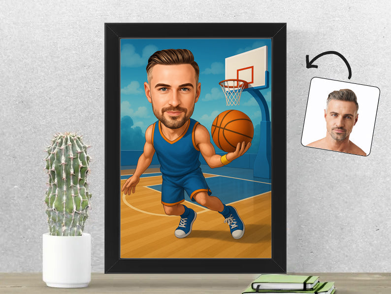 Gepersonaliseerde Basketballer karikatuur als Fotolijst 21x30 cm. Altijd een glimlach bij je met deze speelse karikatuur. Uniek cadeau voor sportliefhebbers. Bestel eenvoudig online.