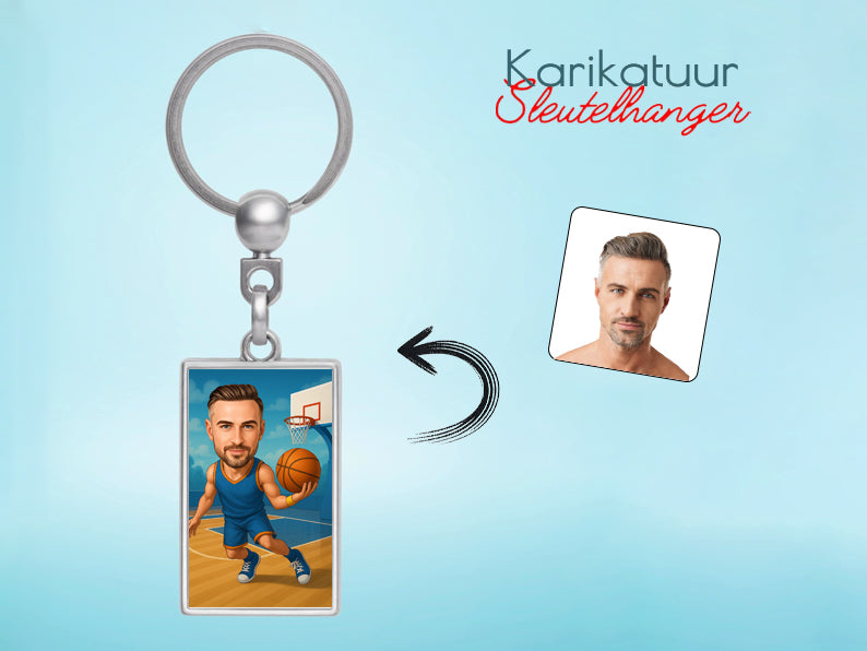 Gepersonaliseerde Basketballer karikatuur als Sleutelhanger. Altijd een glimlach bij je met deze speelse karikatuur. Uniek cadeau voor sportliefhebbers. Bestel eenvoudig online.