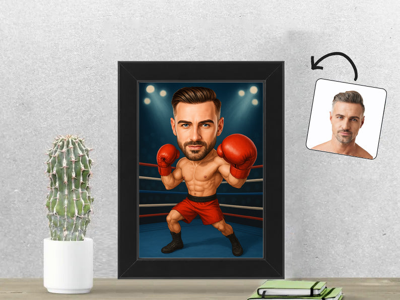 Gepersonaliseerde Bokser karikatuur als Fotolijst 13x18 cm. Altijd een glimlach bij je met deze speelse karikatuur. Uniek cadeau voor sportliefhebbers. Bestel eenvoudig online.