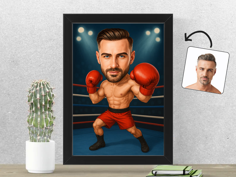 Gepersonaliseerde Bokser karikatuur als Fotolijst 21x30 cm. Altijd een glimlach bij je met deze speelse karikatuur. Uniek cadeau voor sportliefhebbers. Bestel eenvoudig online.