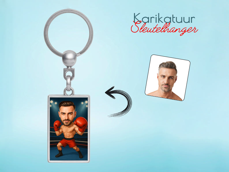Gepersonaliseerde Bokser karikatuur als Sleutelhanger. Altijd een glimlach bij je met deze speelse karikatuur. Uniek cadeau voor sportliefhebbers. Bestel eenvoudig online.