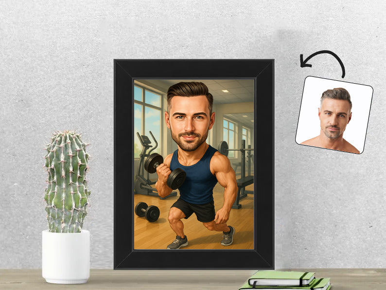 Gepersonaliseerde Fitness Enthousiasteling karikatuur als Fotolijst 13x18 cm. Altijd een glimlach bij je met deze speelse karikatuur. Uniek cadeau voor sportliefhebbers. Bestel eenvoudig online.