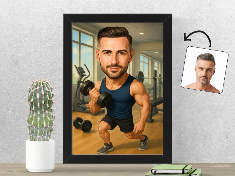 Gepersonaliseerde Fitness Enthousiasteling karikatuur als Fotolijst 21x30 cm. Altijd een glimlach bij je met deze speelse karikatuur. Uniek cadeau voor sportliefhebbers. Bestel eenvoudig online.