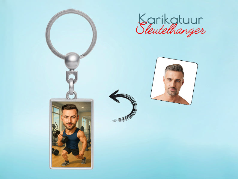 Gepersonaliseerde Fitness Enthousiasteling karikatuur als Sleutelhanger. Altijd een glimlach bij je met deze speelse karikatuur. Uniek cadeau voor sportliefhebbers. Bestel eenvoudig online.