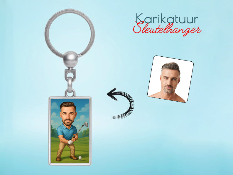 Gepersonaliseerde Golfer karikatuur als Sleutelhanger. Altijd een glimlach bij je met deze speelse karikatuur. Uniek cadeau voor sportliefhebbers. Bestel eenvoudig online.