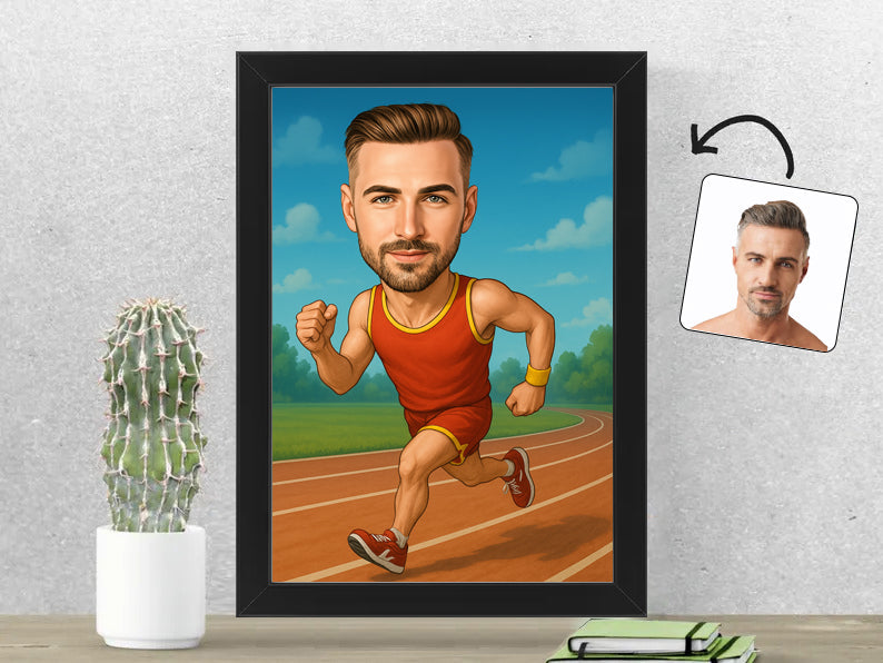 Gepersonaliseerde Hardloper karikatuur als Fotolijst 21x30 cm. Altijd een glimlach bij je met deze speelse karikatuur. Uniek cadeau voor sportliefhebbers. Bestel eenvoudig online.