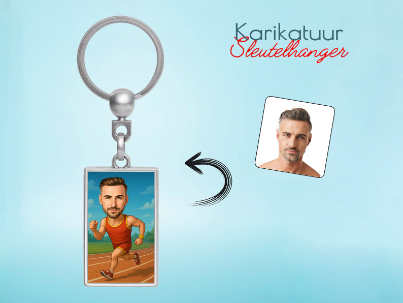 Gepersonaliseerde Hardloper karikatuur als Sleutelhanger. Altijd een glimlach bij je met deze speelse karikatuur. Uniek cadeau voor sportliefhebbers. Bestel eenvoudig online.