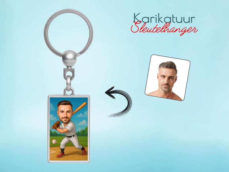 Gepersonaliseerde Honkballer karikatuur als Sleutelhanger. Altijd een glimlach bij je met deze speelse karikatuur. Uniek cadeau voor sportliefhebbers. Bestel eenvoudig online.