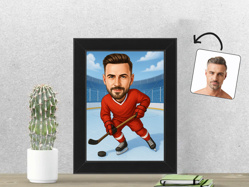 Gepersonaliseerde IJshockeyer karikatuur als Fotolijst 13x18 cm. Altijd een glimlach bij je met deze speelse karikatuur. Uniek cadeau voor sportliefhebbers. Bestel eenvoudig online.