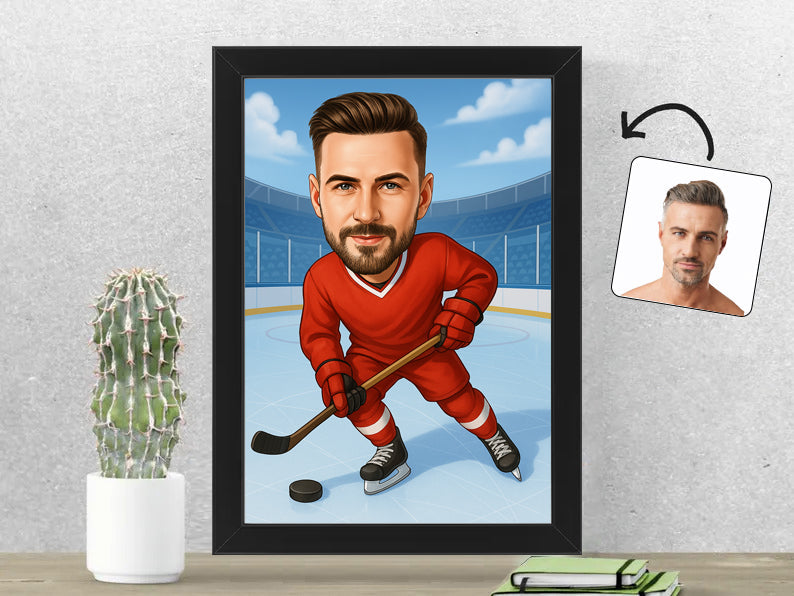 Gepersonaliseerde IJshockeyer karikatuur als Fotolijst 21x30 cm. Altijd een glimlach bij je met deze speelse karikatuur. Uniek cadeau voor sportliefhebbers. Bestel eenvoudig online.