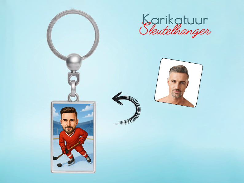 Gepersonaliseerde IJshockeyer karikatuur als Sleutelhanger. Altijd een glimlach bij je met deze speelse karikatuur. Uniek cadeau voor sportliefhebbers. Bestel eenvoudig online.