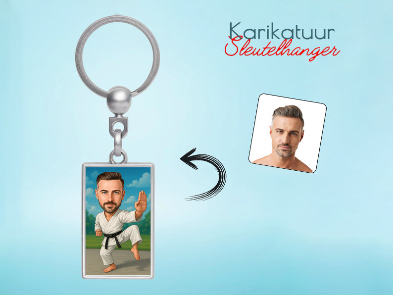 Gepersonaliseerde Karate karikatuur als Sleutelhanger. Altijd een glimlach bij je met deze speelse karikatuur. Uniek cadeau voor sportliefhebbers. Bestel eenvoudig online.