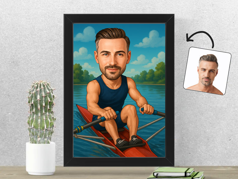 Gepersonaliseerde Roeier karikatuur als Fotolijst 21x30 cm. Altijd een glimlach bij je met deze speelse karikatuur. Uniek cadeau voor sportliefhebbers. Bestel eenvoudig online.