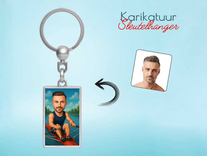 Gepersonaliseerde Roeier karikatuur als Sleutelhanger. Altijd een glimlach bij je met deze speelse karikatuur. Uniek cadeau voor sportliefhebbers. Bestel eenvoudig online.