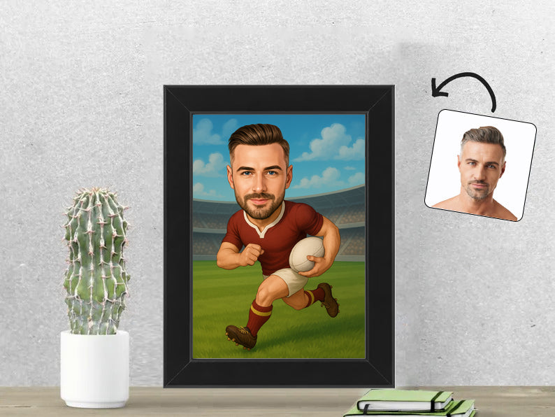Gepersonaliseerde Rugbyspeler karikatuur als Fotolijst 13x18 cm. Altijd een glimlach bij je met deze speelse karikatuur. Uniek cadeau voor sportliefhebbers. Bestel eenvoudig online.