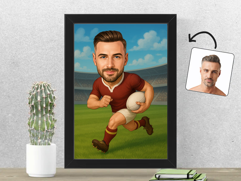 Gepersonaliseerde Rugbyspeler karikatuur als Fotolijst 21x30 cm. Altijd een glimlach bij je met deze speelse karikatuur. Uniek cadeau voor sportliefhebbers. Bestel eenvoudig online.