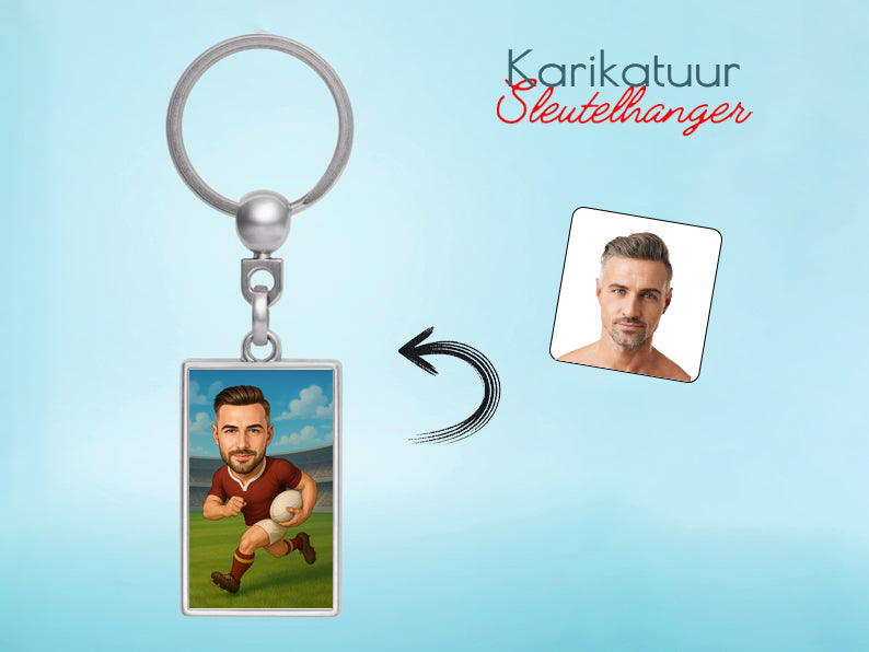 Gepersonaliseerde Rugbyspeler karikatuur als Sleutelhanger. Altijd een glimlach bij je met deze speelse karikatuur. Uniek cadeau voor sportliefhebbers. Bestel eenvoudig online.