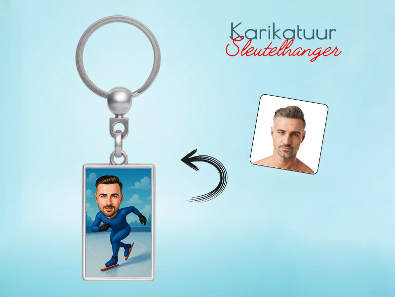 Gepersonaliseerde Schaatser karikatuur als Sleutelhanger. Altijd een glimlach bij je met deze speelse karikatuur. Uniek cadeau voor sportliefhebbers. Bestel eenvoudig online.