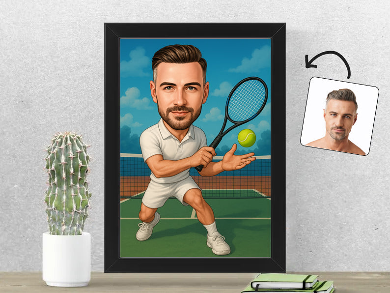 Gepersonaliseerde Tennisser karikatuur als Fotolijst 21x30 cm. Altijd een glimlach bij je met deze speelse karikatuur. Uniek cadeau voor sportliefhebbers. Bestel eenvoudig online.