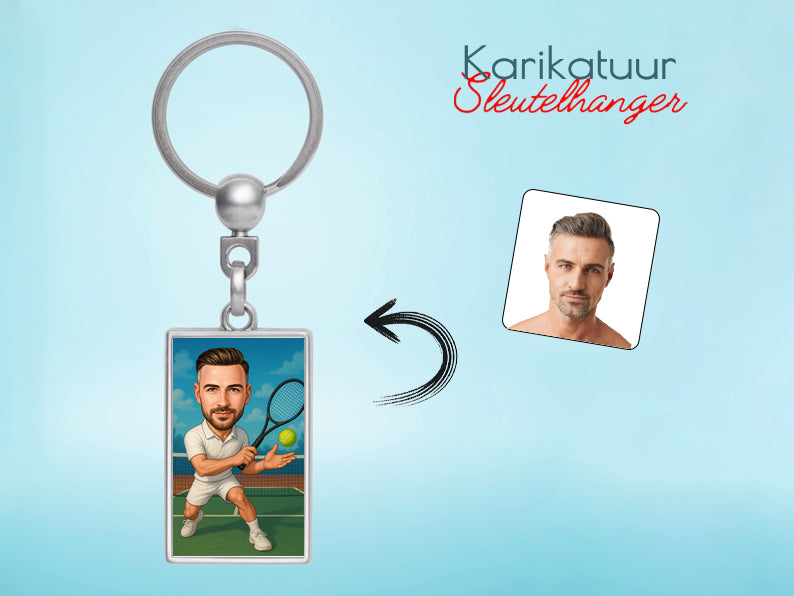 Gepersonaliseerde Tennisser karikatuur als Sleutelhanger. Altijd een glimlach bij je met deze speelse karikatuur. Uniek cadeau voor sportliefhebbers. Bestel eenvoudig online.