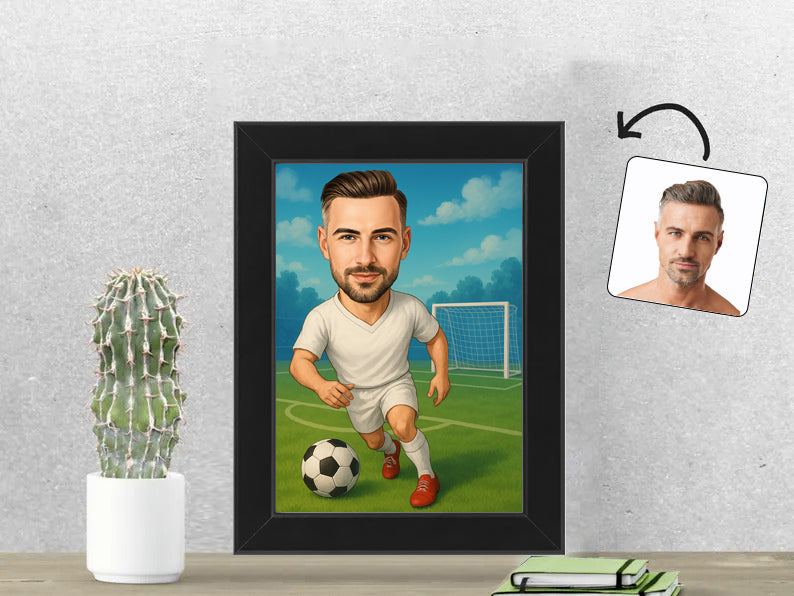 Gepersonaliseerde Voetballer karikatuur als Fotolijst 13x18 cm. Altijd een glimlach bij je met deze speelse karikatuur. Uniek cadeau voor sportliefhebbers. Bestel eenvoudig online.