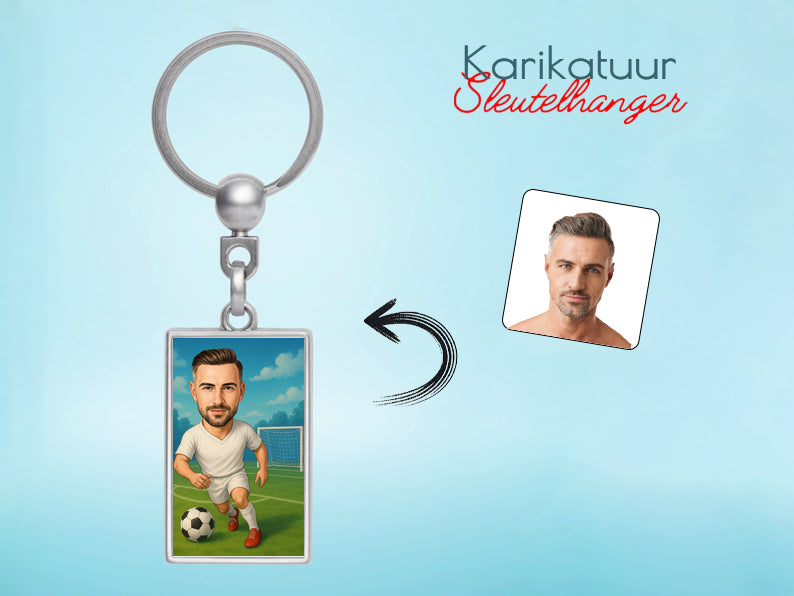 Gepersonaliseerde Voetballer karikatuur als Sleutelhanger. Altijd een glimlach bij je met deze speelse karikatuur. Uniek cadeau voor sportliefhebbers. Bestel eenvoudig online.