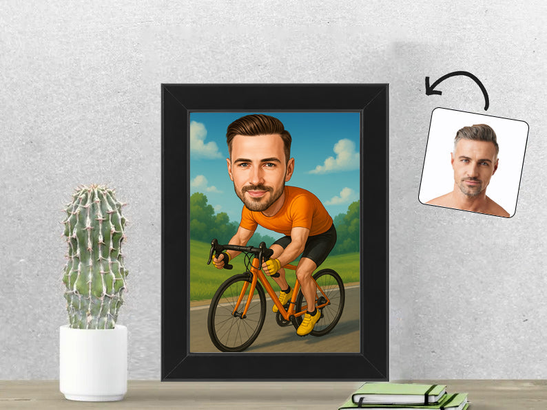 Gepersonaliseerde Wielrenner karikatuur als Fotolijst 13x18 cm. Altijd een glimlach bij je met deze speelse karikatuur. Uniek cadeau voor sportliefhebbers. Bestel eenvoudig online.