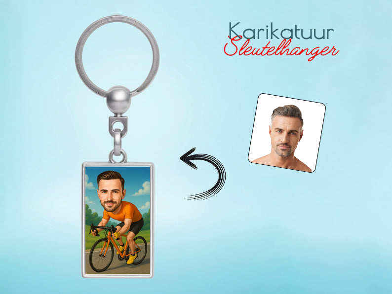 Gepersonaliseerde Wielrenner karikatuur als Sleutelhanger. Altijd een glimlach bij je met deze speelse karikatuur. Uniek cadeau voor sportliefhebbers. Bestel eenvoudig online.