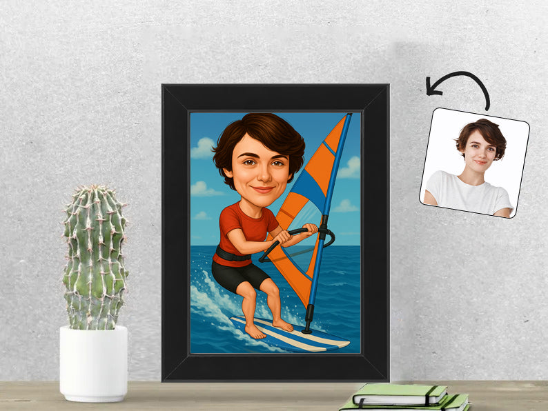 Gepersonaliseerde Windsurfster karikatuur als Fotolijst 13x18 cm. Altijd een glimlach bij je met deze speelse karikatuur. Uniek cadeau voor sportliefhebbers. Bestel eenvoudig online.